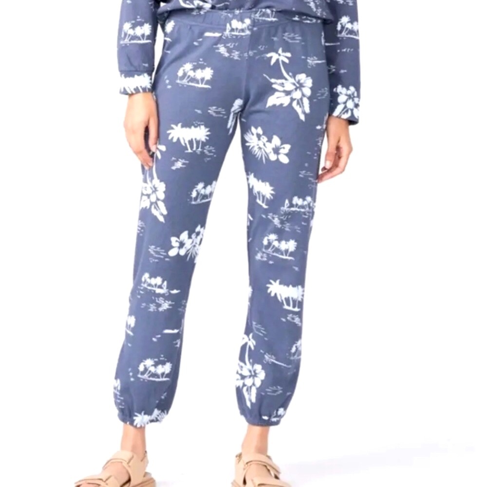 Monrow Hawaiian print blue steel Joggers size Large New!
